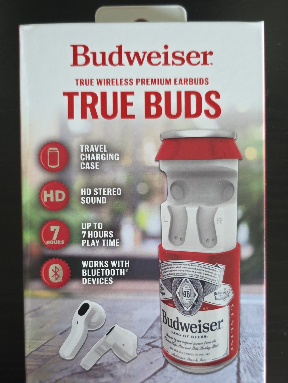 Budweiser True Buds Wireless Earbuds in White and Red Accent
